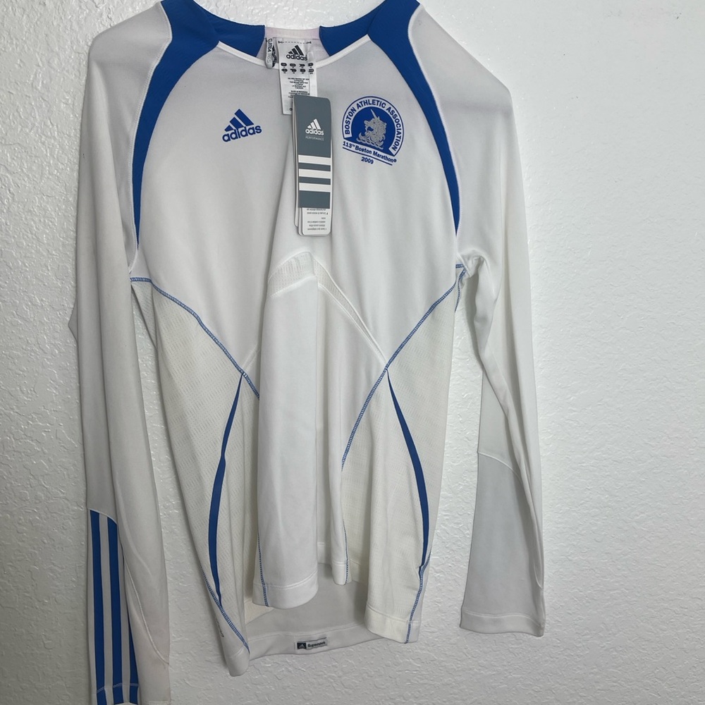 Adidas White and Blue Marathon Performance Shirt Boston